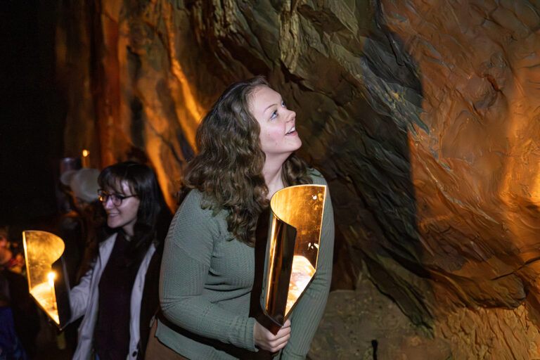 Woman on a cave tour at Grand Caverns.